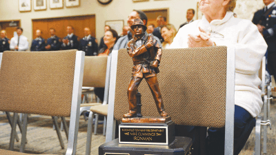  The Mike Cummings Ironman Trophy was awarded to firefighter Travis Smith for going on the most calls last year during an awards ceremony June 12. 