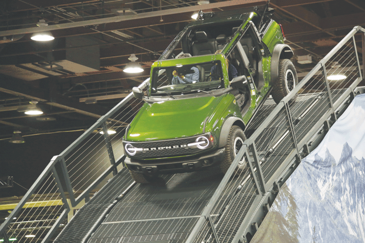  A Ford Bronco begins descending a 36-degree incline  at the Ford Built Wild Track Experience. 