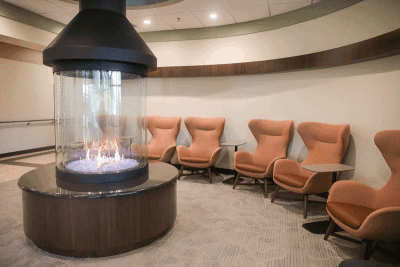  The fireside lounge in the new Madison Heights Active Adult Center was a highly requested feature since the fireplace at the previous Active Adult Center was such a popular gathering place. 