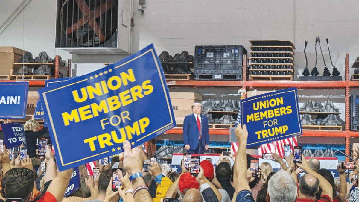  Former President Donald Trump offered remarks before a crowd of supporters and auto workers at Drake Enterprises in Clinton Township on Sept. 27.  