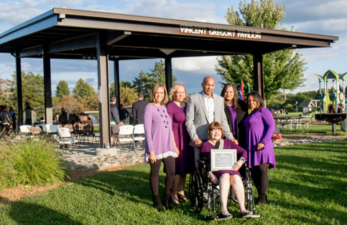 Present for the pavilion dedication was the family of Vincent Gregory. The guests included his wife, Yvonne, and their five children: Cortney Gough, Vanessa Gregory-Solomon, Lawrence Abner, Kristen Gregory-Webb and Troi Abner. 