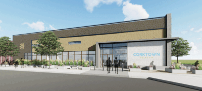  A 3D rendering provided by Corktown Health, showing the planned design for its second clinic, opening in Hazel Park in late 2024 or early 2025. The nonprofit clinic will provide a range of services and specialize in care for the LGBTQ+ community.  