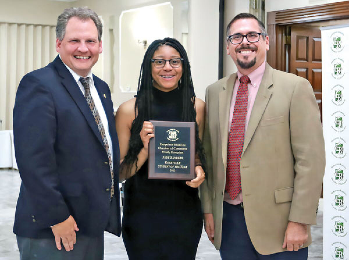  The Eastpointe-Roseville Chamber of Commerce 2023 Roseville Student of the Year is Roseville High School student Jade Sanders, center. Pictured with her is Roseville Community Schools Superintendent Mark Blaszkowski, left, and Roseville High School Principal Jason Bettin. 