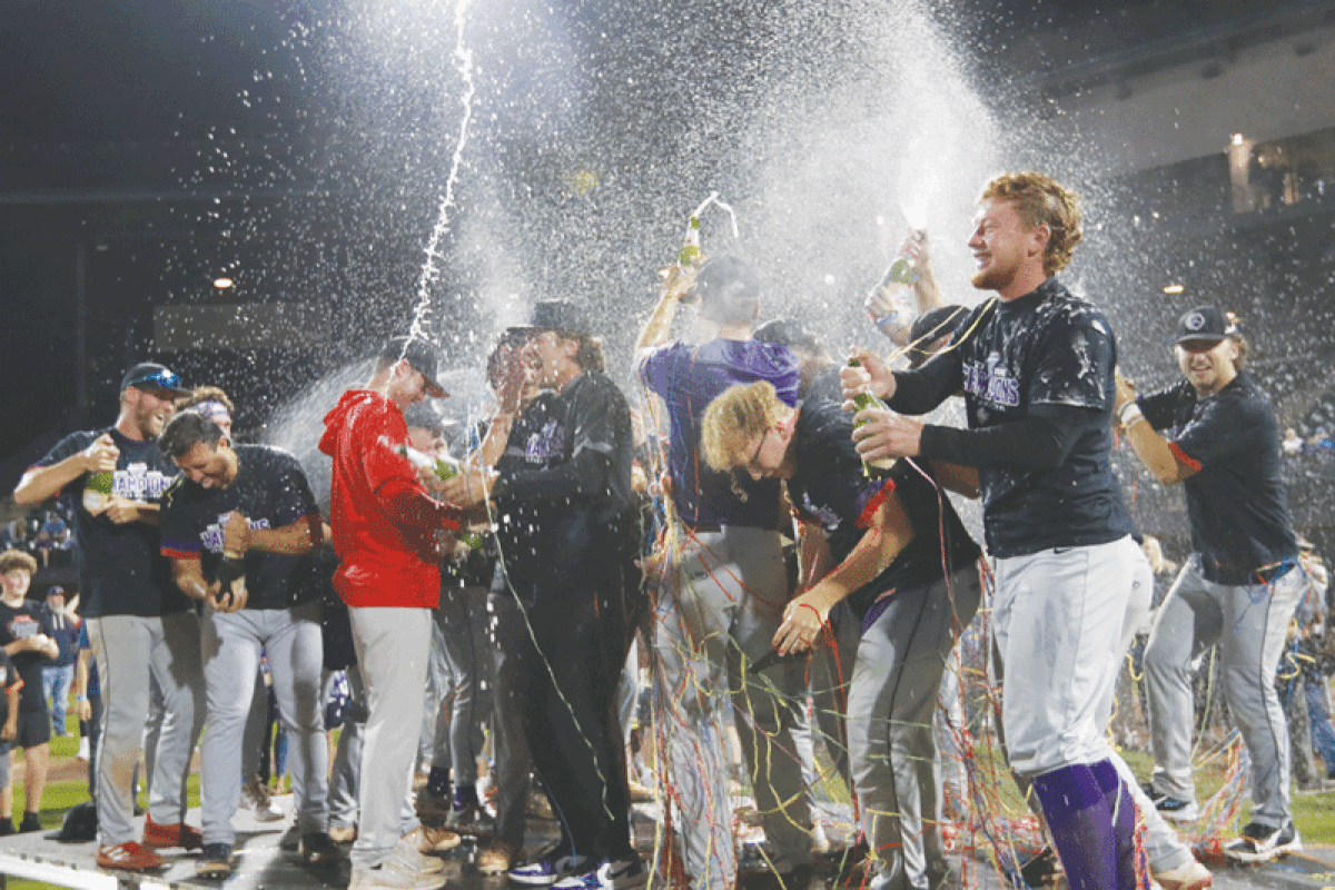  The Utica Unicorns make it rain after being crowned the 2023 United Shore Professional Baseball League Champions with a 3-1 victory over the Westside Woolly Mammoths on Sept. 9 at Jimmy John’s Field. 