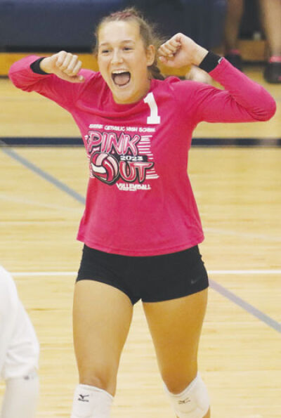  Shrine senior team captain Elena Gallagher celebrates during the team’s win on Oct. 3 at Shrine Fieldhouse. 