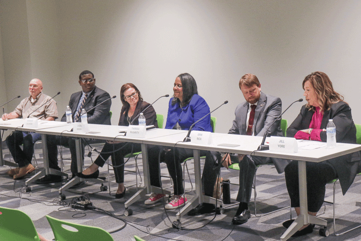  Candidates for the Mount Clemens City Commission and mayor took part in a candidate forum at the Mount Clemens Public Library on Oct. 5: (from left) Ronald Campbell, Spencer Calhoun, Laura Kropp, Theresa Scruggs McGarity, Erik Rick and Jill Yore.  