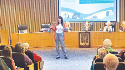  Oakland County Clerk Lisa Brown speaks during a presentation on early voting at the Novi Civic Center Oct. 18. 