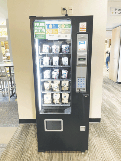  A new naloxone vending machine is located in the west end of the Oakland Center, near the welcome desk in the hallway heading toward the Pioneer Food Court and the Bistro on the campus of Oakland University. 