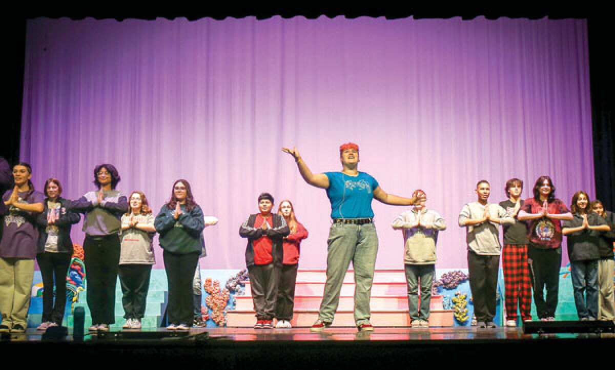  Emma Lesko, blue shirt, rehearses singing in the role of Patrick Star for Chippewa Valley High School’s production of “The SpongeBob Musical.” Lesko is backed up by a chorus of Sardines. 