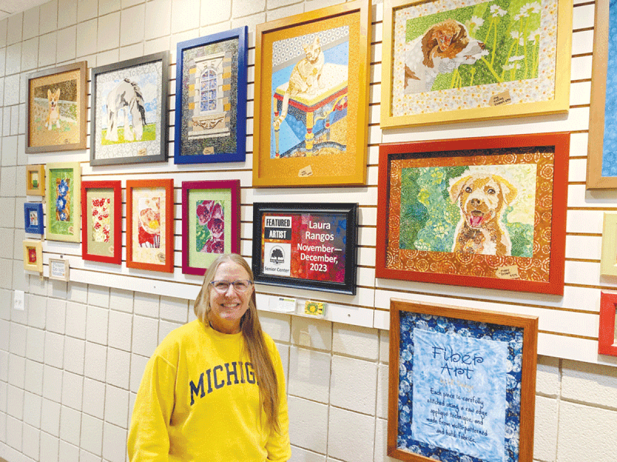  Laura Rangos, the Shelby Township Senior Center’s featured artist for the months of  November and December, creates pictures using pieces of fabric. 