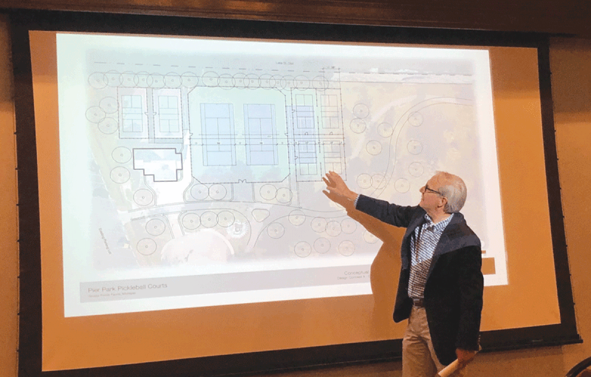  During a special meeting Oct. 25 at Pier Park in Grosse Pointe Farms, Farms officials including City Manager Shane Reeside, pictured, share possible plans for pickleball courts at the park. 