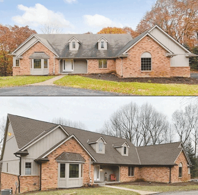  The Roof Resource replaced the roof on this home. The “before” photo on top shows stains and dark streaks on the roof.  