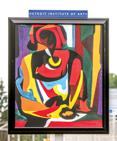  “Mother and Child” (1960s), by Solomon Irein Wangboje, is another piece appearing as a framed reproduction at Catalpa Oaks County Park. In addition to these, there are seven pieces from the DIA at Southfield’s municipal campus, from now through early November. 