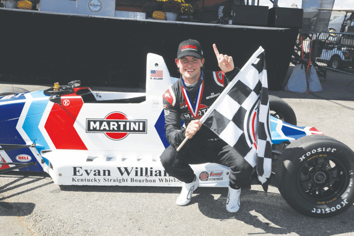  Nolan Allaer celebrates his Formula Ford Runoffs Championship win on Oct. 1 at Virginia International Raceway. 