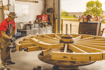  The logging wheels were completely rebuilt in white oak by Hansen Wheel & Wagon, in South Dakota.  