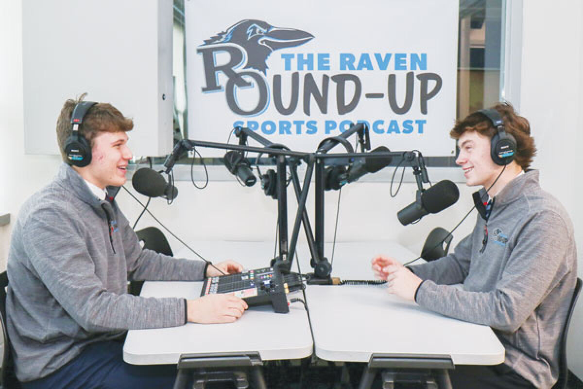  Royal Oak students Sam Klonke, left, and Ben Machiniak, right, recently started “The Ravens Round-Up,” a podcast that covers all Royal Oak High School sports. 