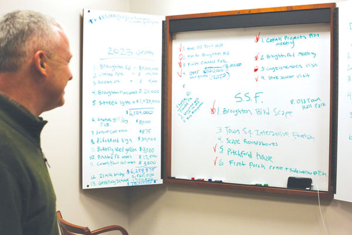  Macomb Township Treasurer Leon Drolet looks at a whiteboard in his office with a list of various grants, appropriations, donations, purchases and plans for 2023.  