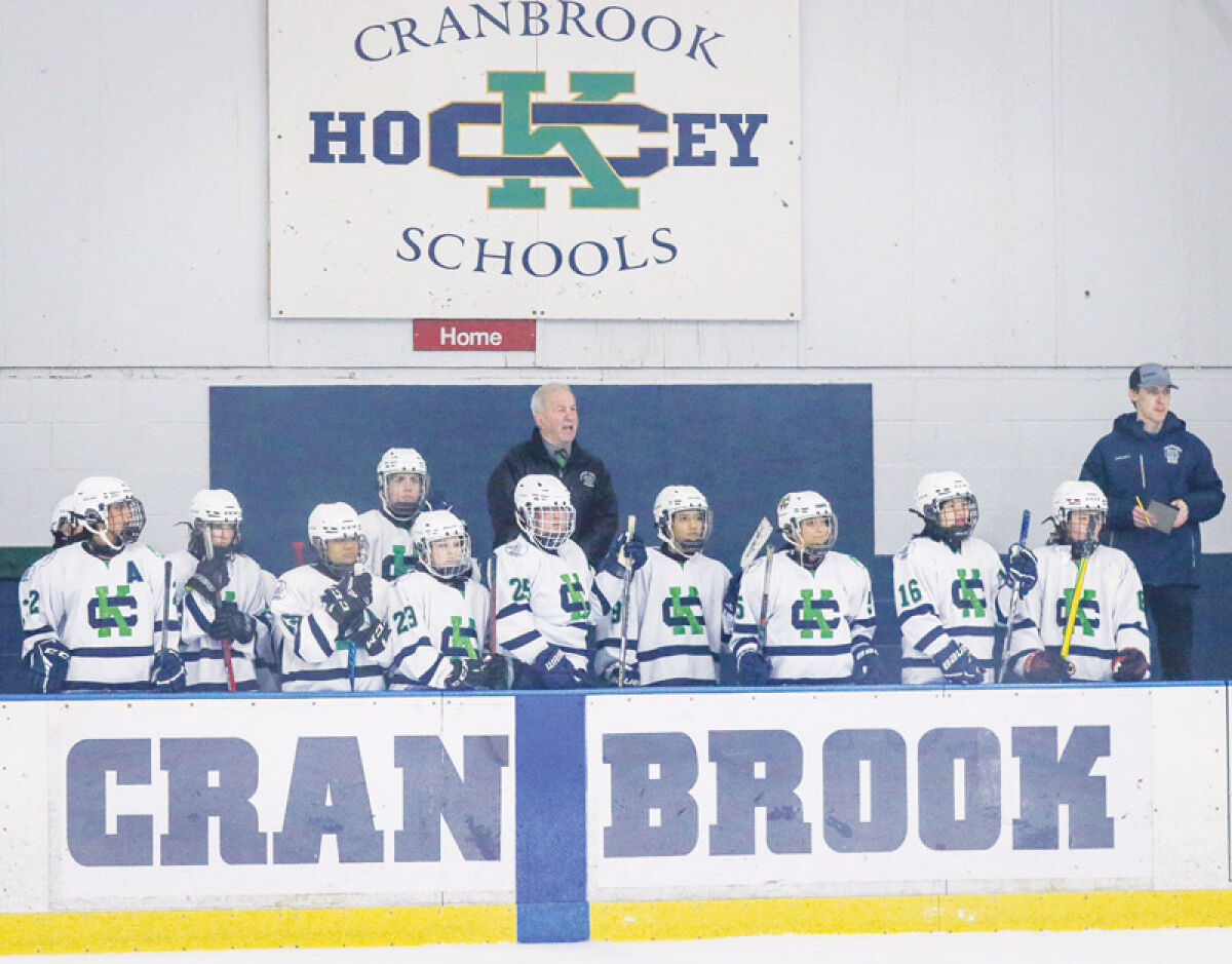  The Bloomfield Hills Cranbrook Kingswood bench looks on during a matchup against  St. Marys-St. Catherine Jan. 11 at Cranbrook Wallace Ice Arena. 