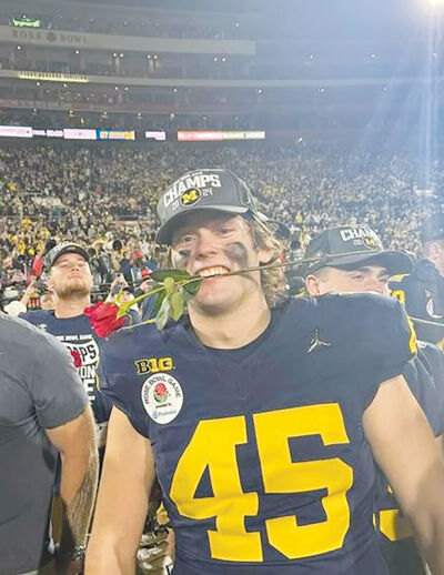  Noah Howes celebrates the University of Michigan’s 27-20 win over the University of Alabama Jan. 1 to send the Wolverines to the College Football Playoff national championship.  