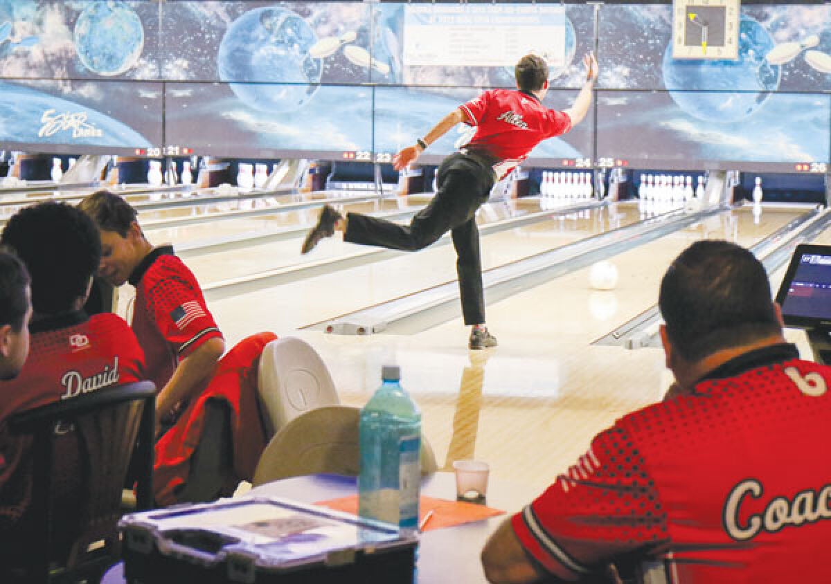  Chippewa Valley senior Connor Allen follows through on a roll at the Macomb County Bowling Championships on Jan. 13 at 5 Star Lanes. 