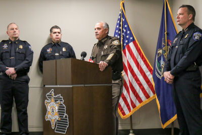  Macomb County Sheriff Anthony M. Wickersham speaks to the media during a press conference Jan. 24 at the Sheriff's Office in Mount Clemens. With Wickersham, from left, are Shelby Township Police Capt. Pat Barnard, Chief Robert Shelide and Deputy Chief Jason Schmittler. 