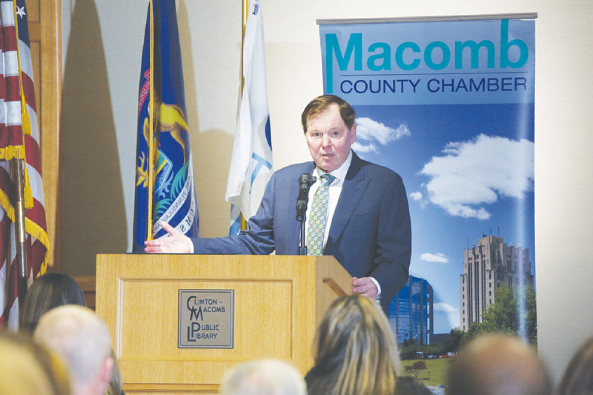  Clinton Township Supervisor Robert Cannon takes the podium at the Clinton-Macomb Public Library’s main branch on Jan. 26 to deliver his State of Clinton Township address.  