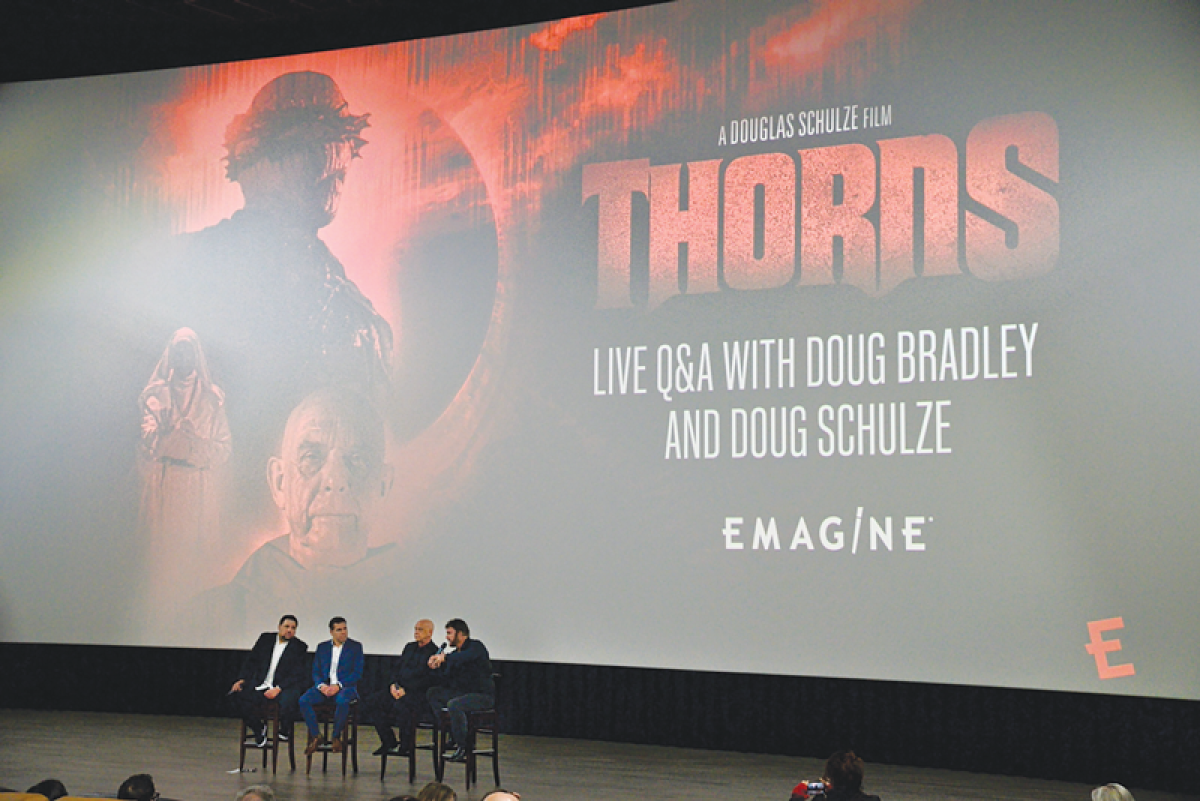  Director Douglas Schulze speaks to the audience at Emagine Royal Oak Feb. 17 during the Q&A session held before the red carpet premiere of “Thorns” with Doug Bradley, broadcaster Jay Towers, and Emagine CEO Anthony LaVerde. 