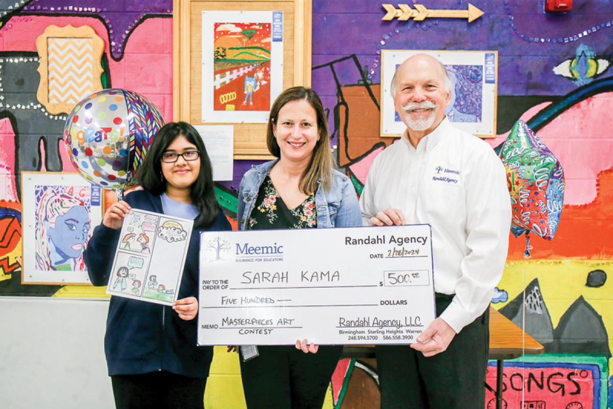  Beer Middle School eighth grader Nasra Abdullah, left, was the winner in this year’s Meemic Masterpieces Art Contest, coordinated by Meemic Foundation’s Randahl Agency. Pictured with her are the sponsoring teacher Sarah Kama, center, and Rick Pinkos, managing director of the Meemic Foundation’s Randahl Agency. Beer received a $500 grant from the foundation.  