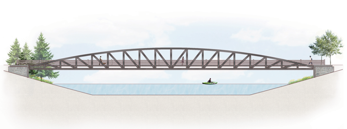   The Clinton River Spillway pedestrian bridge is shown in a rendering.  