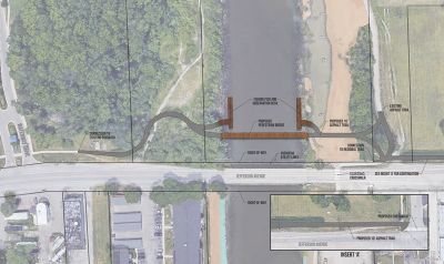  A rendering shows the planned Jefferson Avenue pedestrian bridge and pathway connections around the Clinton River Spillway. Construction of the paths is expected for 2024 while bridge construction is expected in 2025. 