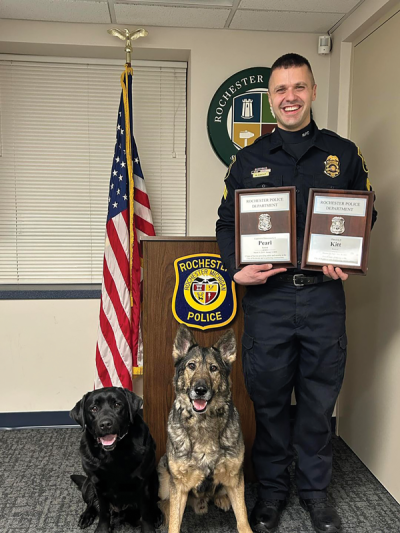  Rochester Police K-9 officers Kitt and Pearl were recognized for their recent retirements, with handler Sgt. Michael Knight by their sides. 