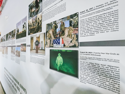  Canteen Golf and Billiards owner Bert Copple is a United States Army veteran and wanted the business to put a special focus on honoring those who served. This timeline mural tells the story of the United States’ global war on terrorism.  