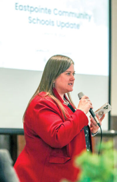 Christina Gibson talks to the crowd during Eastpointe’s State of the City address March 19. 