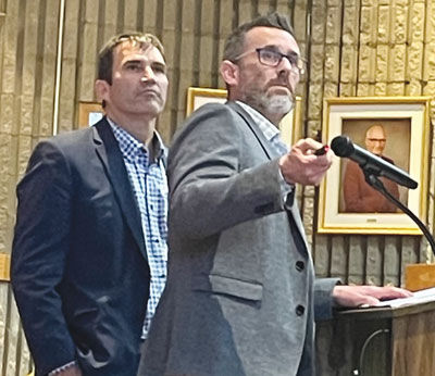  Scott Lockwood, left, and Jason Arlow, of Anderson, Eckstein & Westrick, present proposed changes to various city buildings at the Roseville City Council’s March 19 special meeting. 