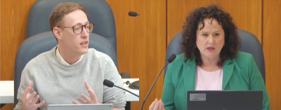  Clinton Township Trustee Mike Keys, left, and Township Clerk Kim Meltzer, right, traded barbs throughout the Clinton Township Board of Trustees April 8 special meeting. 