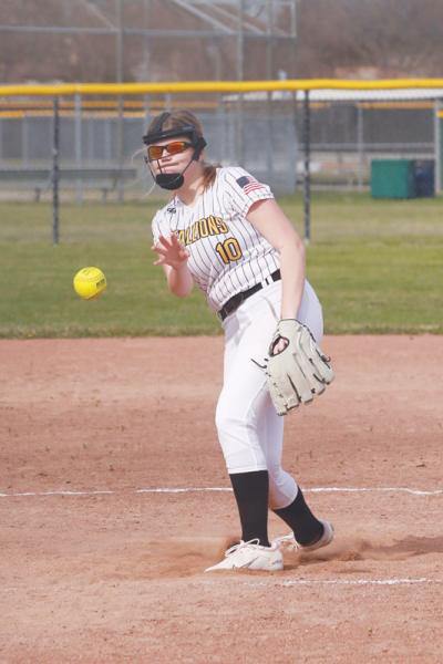  Sterling Heights freshman Alina Pileri pitches during a matchup against Madison Heights Lamphere April 10 at Sterling Heights High School. 