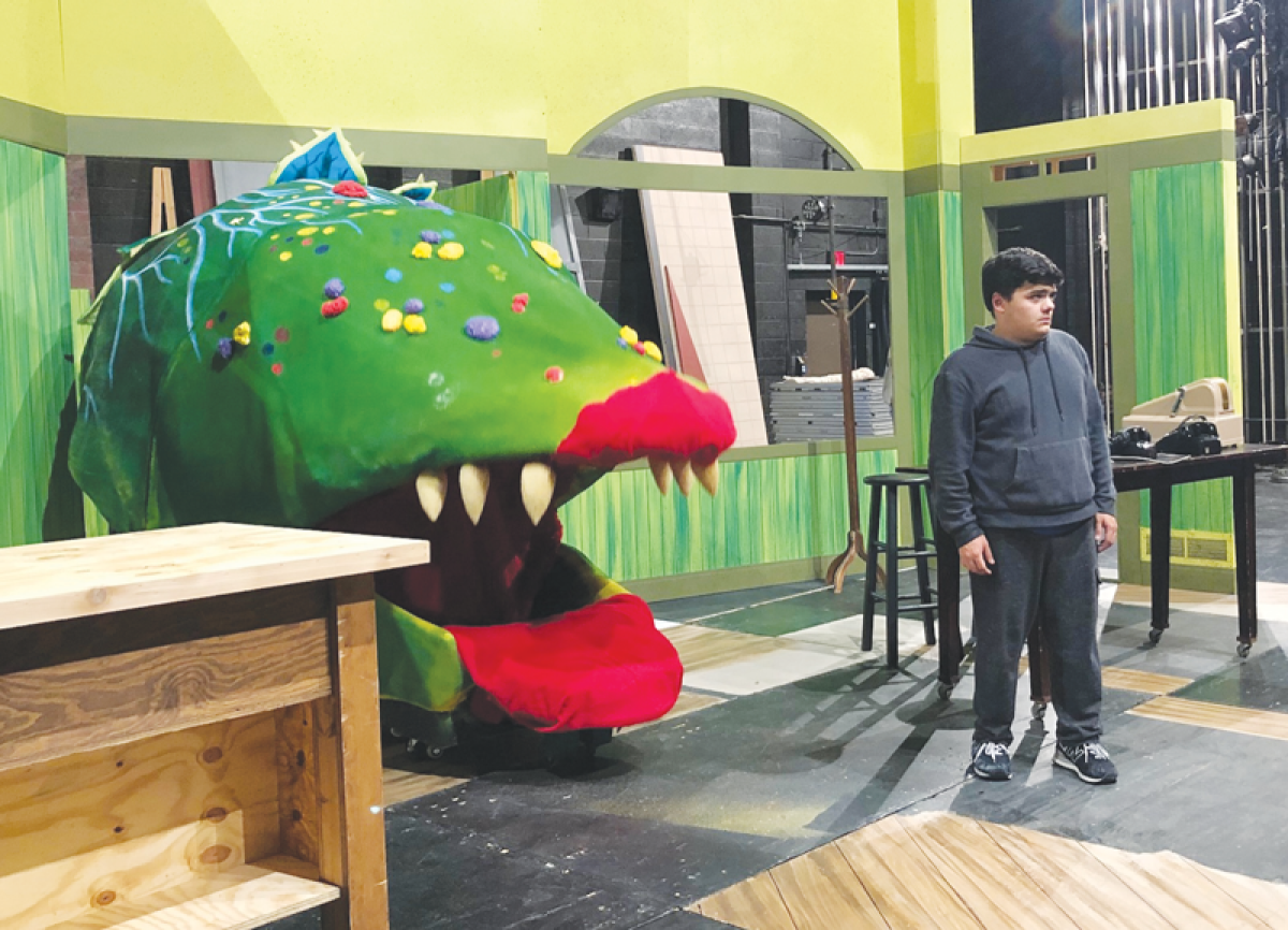  Grosse Pointe South High School senior Dylan DeMarco — as florist Seymour — rehearses a scene with a rapidly growing Audrey II in South’s production of “Little Shop of Horrors.” 