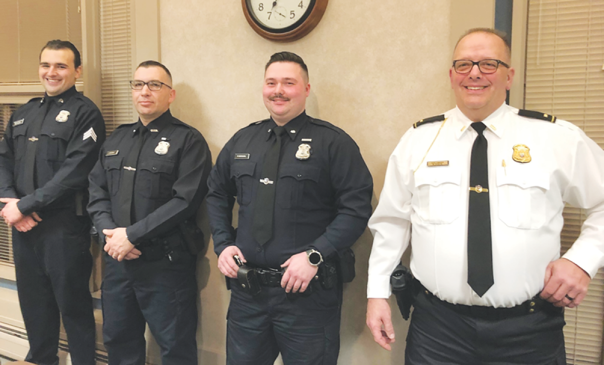  From left, Grosse Pointe Shores Public Safety Sgt. Zef Bojaj, officers Jeff Roybal and Paul Morang, and Lt. Ron Coste are among the officers honored with awards for outstanding work in 2023. 