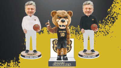  The Golden Grizzlies’ legendary coach Greg Kampe and the team’s mascot, Grizz, were morphed into bobblehead form after Oakland University’s unforgettable basketball season. Pictured are mockups of what the bobbleheads are expected to look like. 