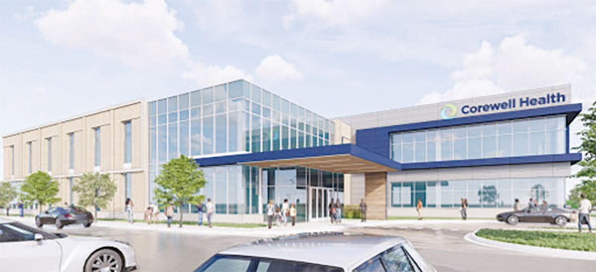  This rendering by Hobbs and Black Architects shows what the proposed Corewell Health medical clinic would look like from the perspective of the main entry from the southeast corner. 