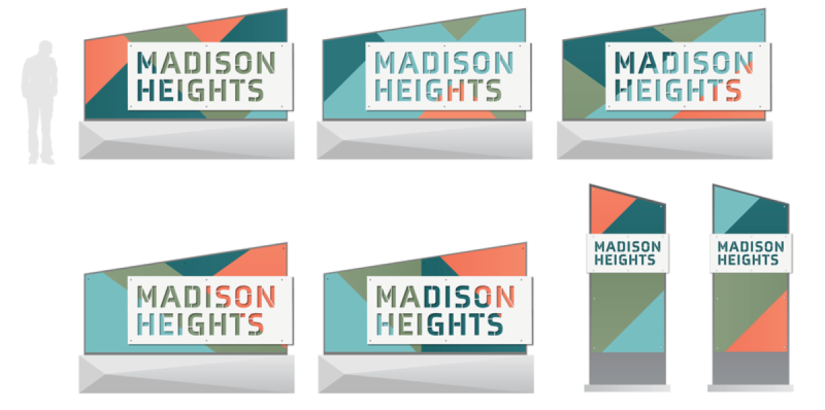  This graphic shows a mix of designs for the new gateway signage to be installed at key locations in Madison Heights beginning this summer. The background panels feature colorful geometric patterns by default, but can be swapped out for different artwork. Ideation Orange, a graphic design firm in Hazel Park, worked on the designs.  