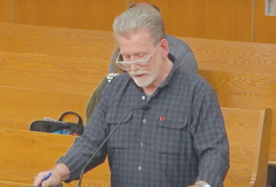  George Westerman provides specific examples of places where the wood chipping service is needed during Clinton Township’s Board of Trustees meeting on April 15. 