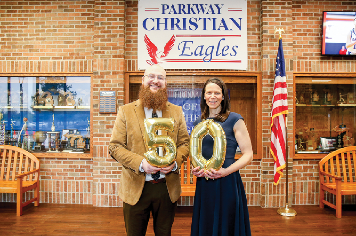  Parkway’s Upper School Dean Eric D. VanHouten and Elementary School Principal Sarah Holmgren celebrate 50 years in education.  