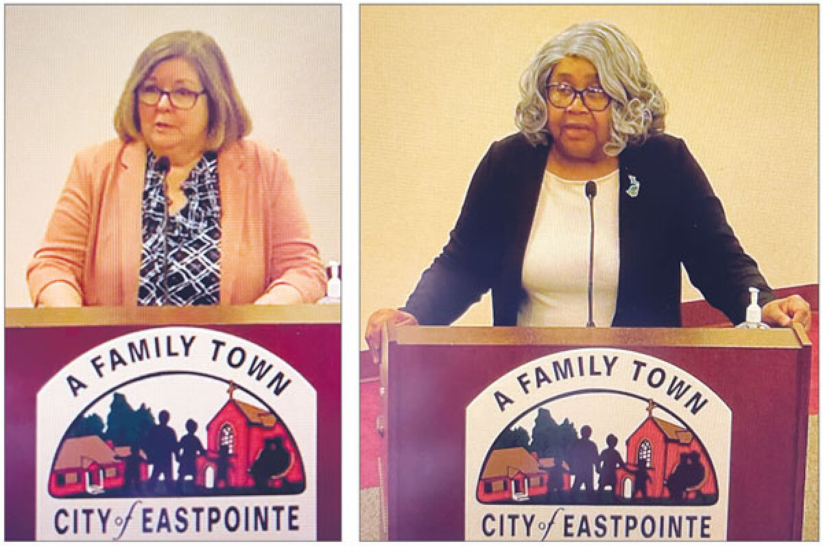  Eastpointe residents Cindy Federle, left, and Mary Hall-Rayford speak at the April 16 City Council meeting. They are two of four women who filed lawsuits against the city of Eastpointe and former Mayor Monique Owens, claiming their First Amendment rights were violated. 
