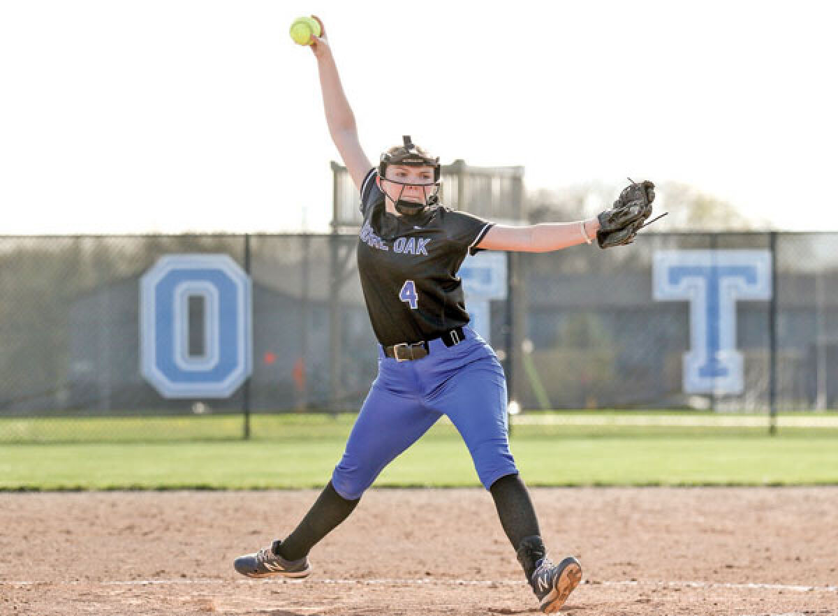  Royal Oak senior Danica Schmitt pitches during a matchup against Warren Woods Tower on April 16 at Royal Oak High School. 