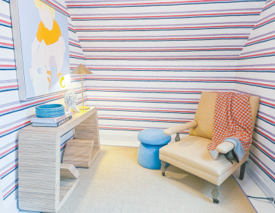  Alexandra Decker, of A Decker Design, made this small room — which she named The Retreat — look more spacious by hanging the wallpaper so that the lines are horizontal instead of vertical.  