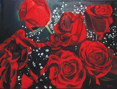  “Rumba through the Roses,” by Bloomfield Hills painter Julie Pflanzer, incorporates figures and flowers.  