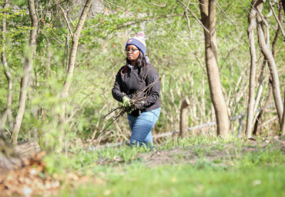  Jemimah Kwoba, a volunteer from Aptiv, gets to work cleaning up Ballard’s yard. 