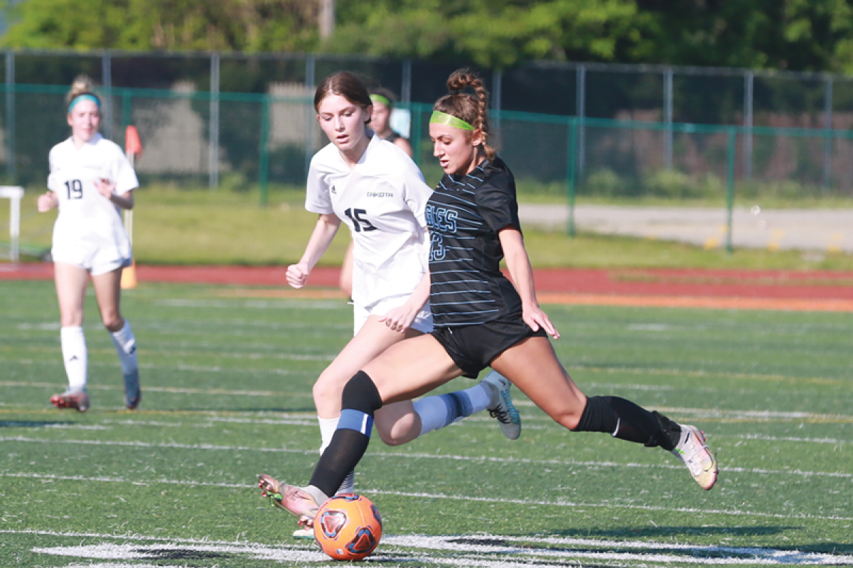  Utica Eisenhower senior Ava Dukaj blasts a shot against Macomb Dakota May 15 at Swinehart Stadium. 