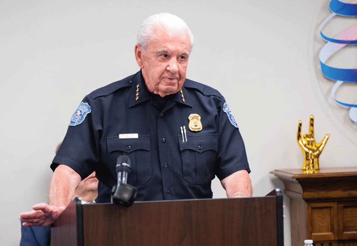   Warren Police Commissioner Bill Dwyer speaks at a press conference Monday, Aug. 15, 2022, at Global Interpreting Services’ office in Clinton Township. 